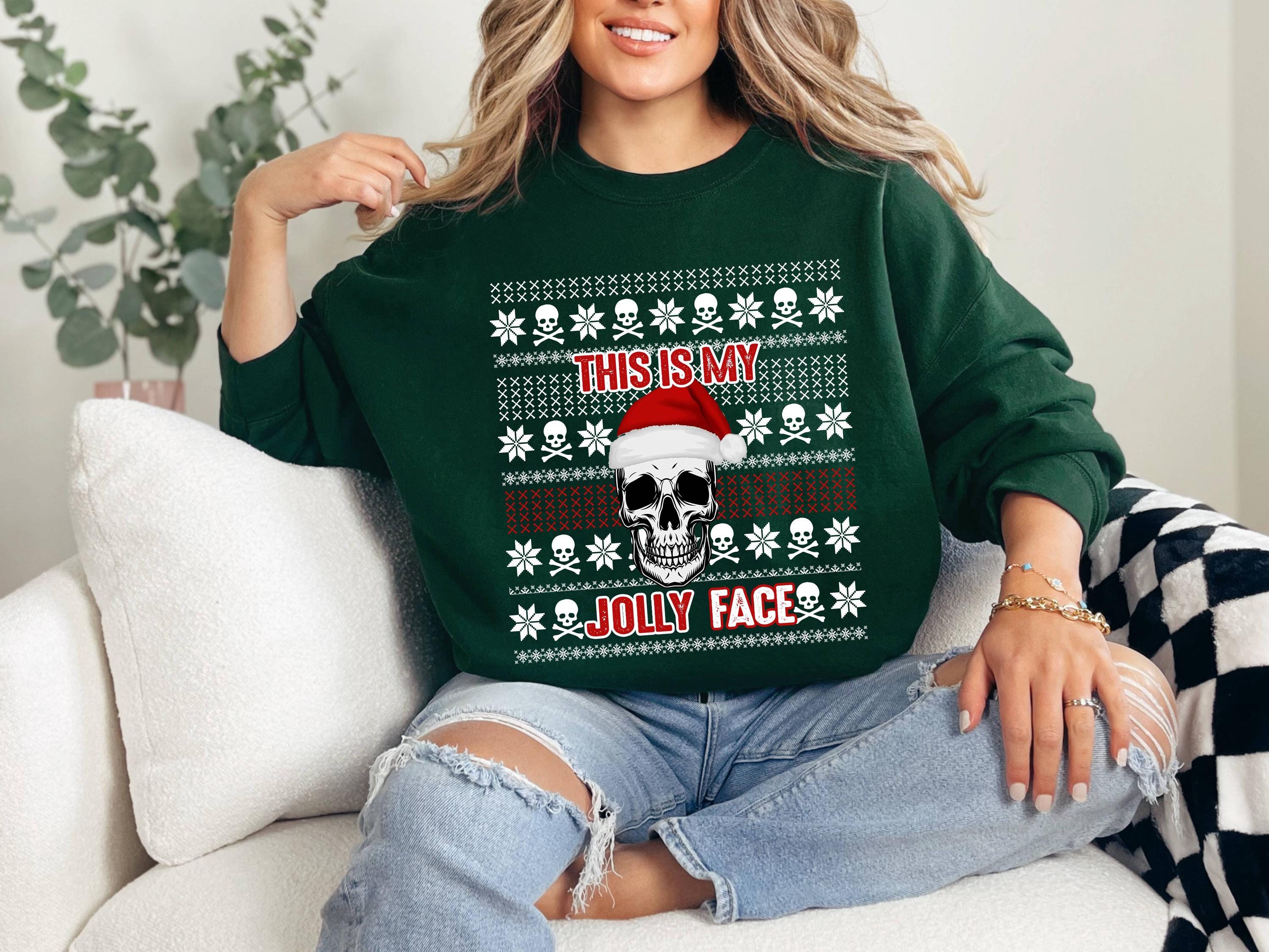 Funny Skull Christmas Sweatshirt, Jolly Face Holiday Sweater, Unisex Graphic Xmas Top