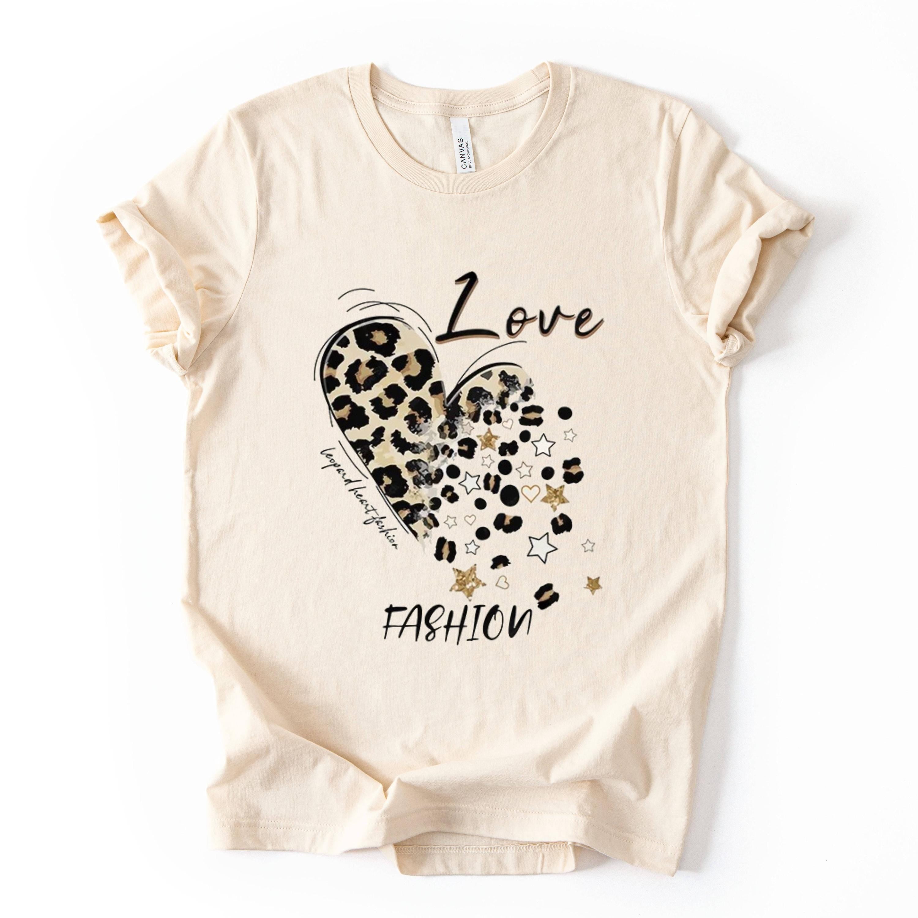 Leopard Heart Graphic Tee, Fashion Typography Shirt, Unisex Casual Top