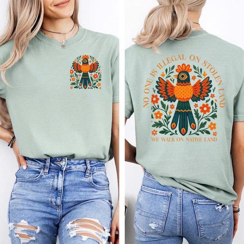 Native Land Awareness Shirt, Boho Bird Print Graphic Tee