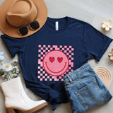 Retro Smiley Face T-Shirt: Red Checkerboard Heart Eyes, Y2K Graphic Top