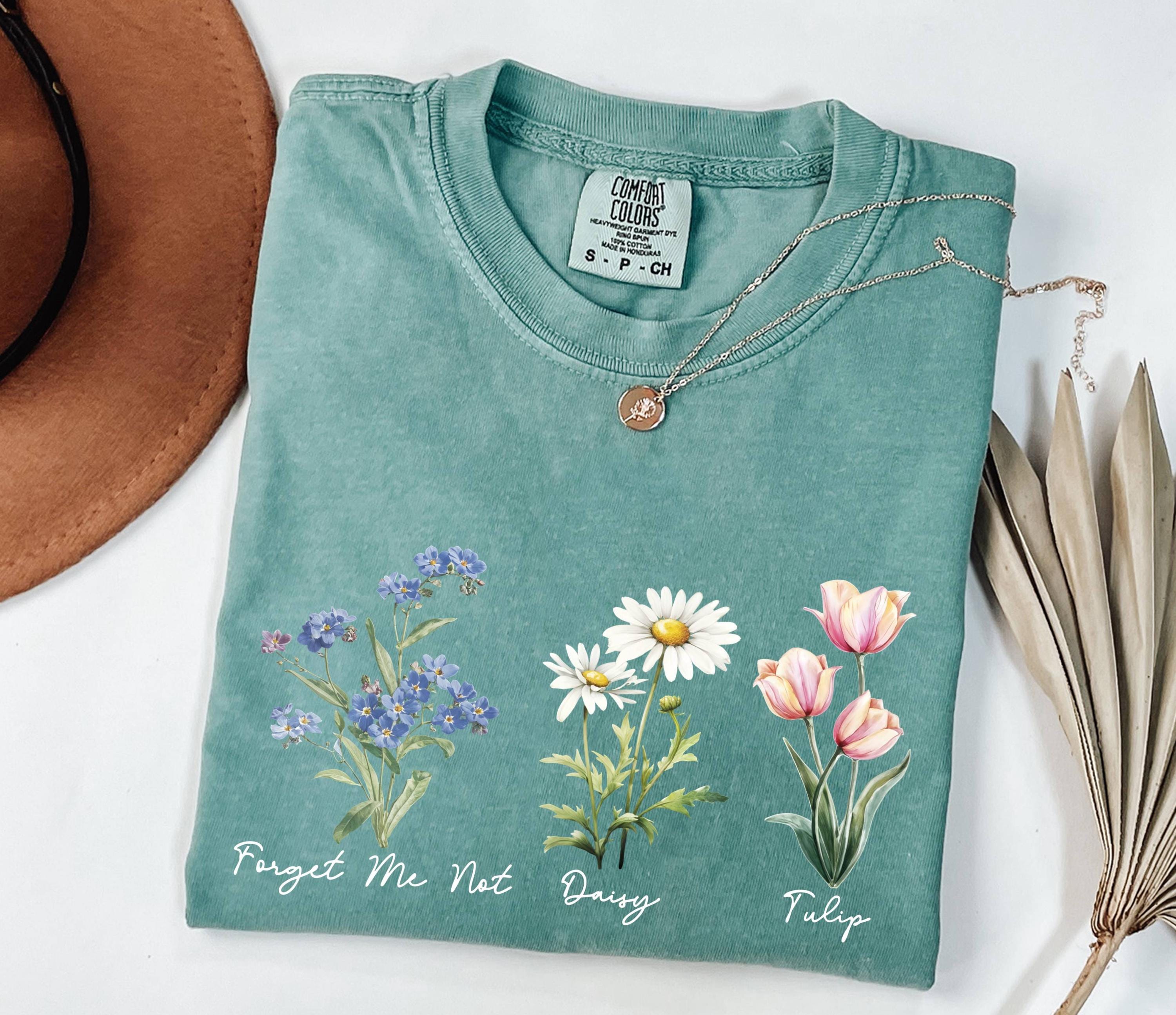 Floral Botanical Shirt With Names, Forget Me Not Daisy Tulip Tee