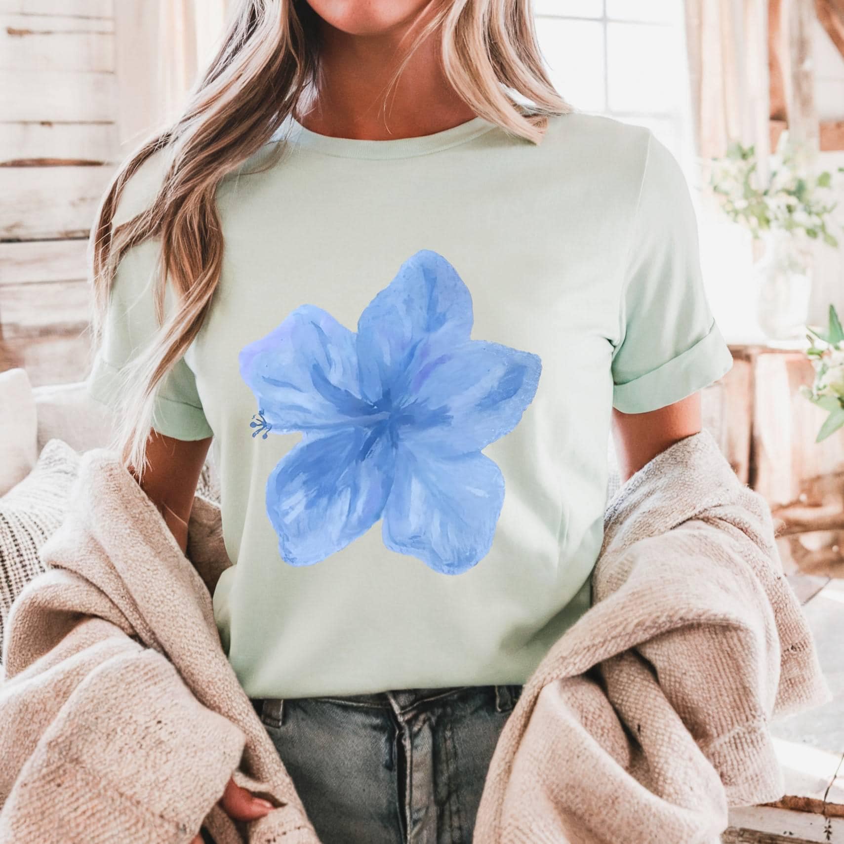 Blue Watercolor Flower T-Shirt, Minimal Floral Unisex Cotton Tee
