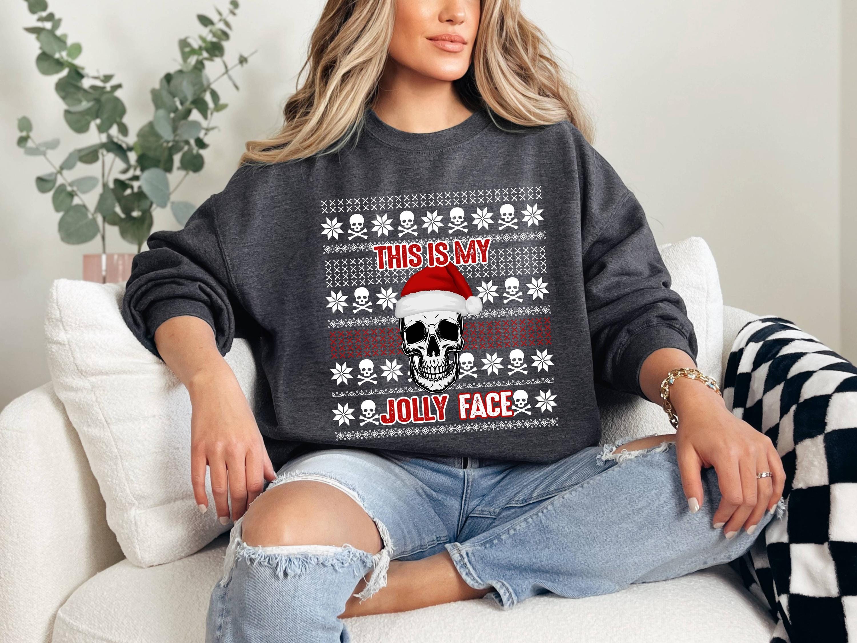 Funny Skull Christmas Sweatshirt, Jolly Face Holiday Sweater, Unisex Graphic Xmas Top