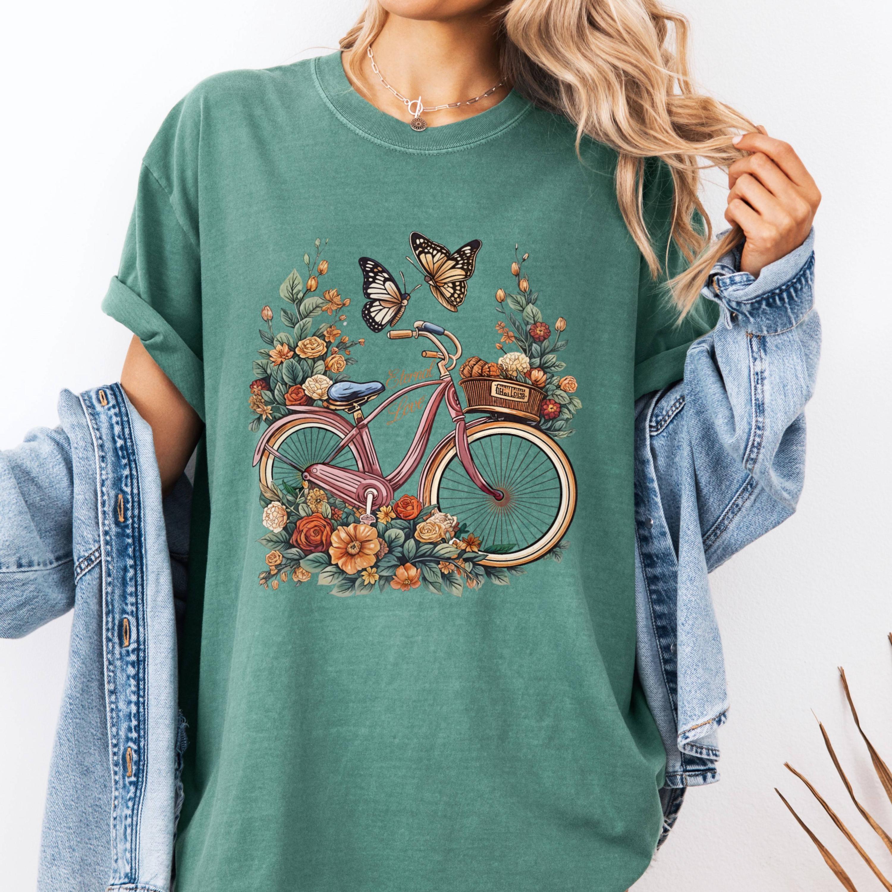 Vintage Bicycle Floral Shirt, Boho Graphic Tee, Butterfly Nature Shirt