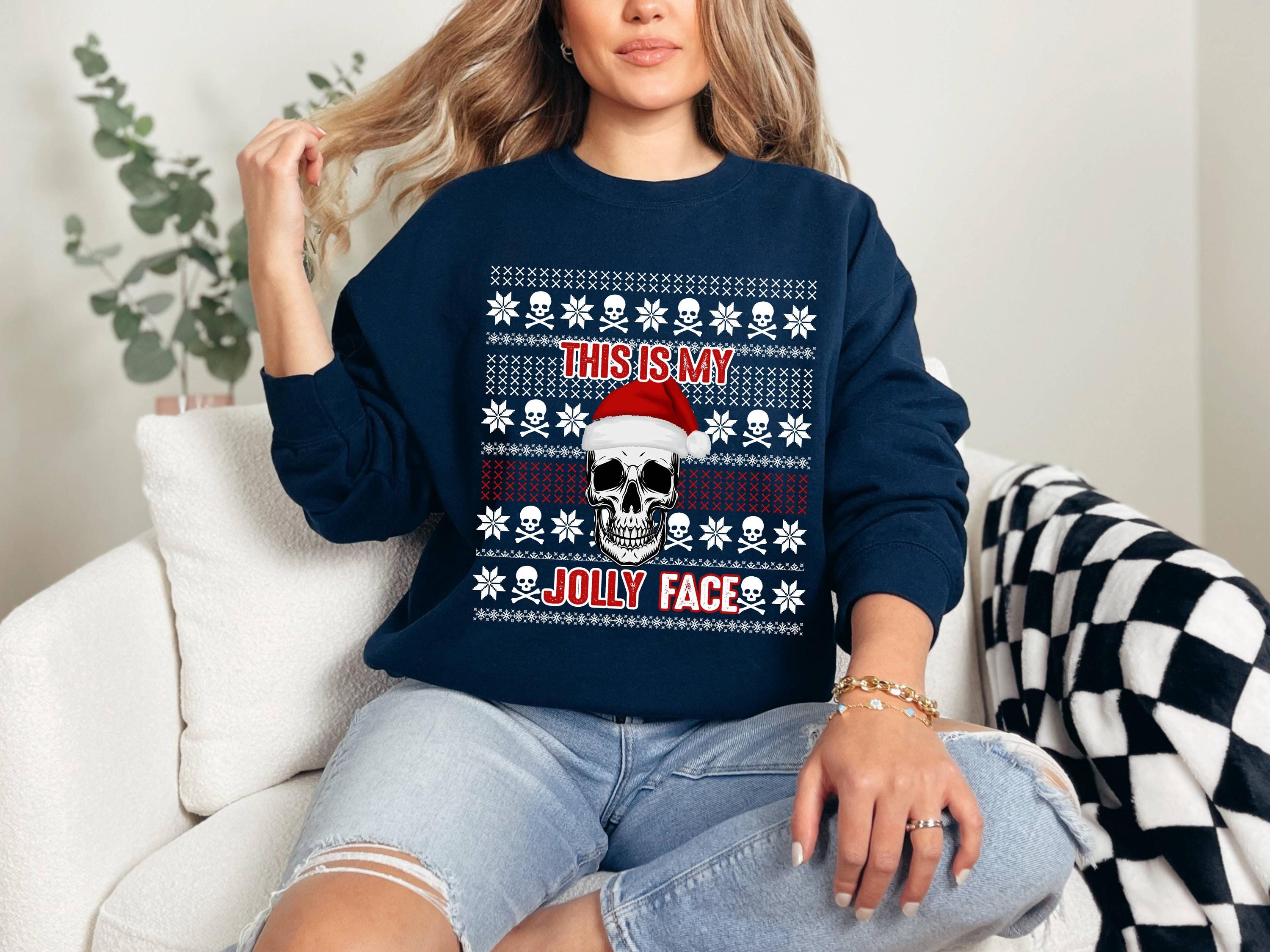 Funny Skull Christmas Sweatshirt, Jolly Face Holiday Sweater, Unisex Graphic Xmas Top