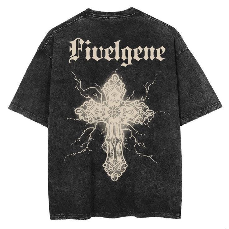 Vintage Wash Tee: Fivelgene Cross Graphic, Japanese Streetwear Style