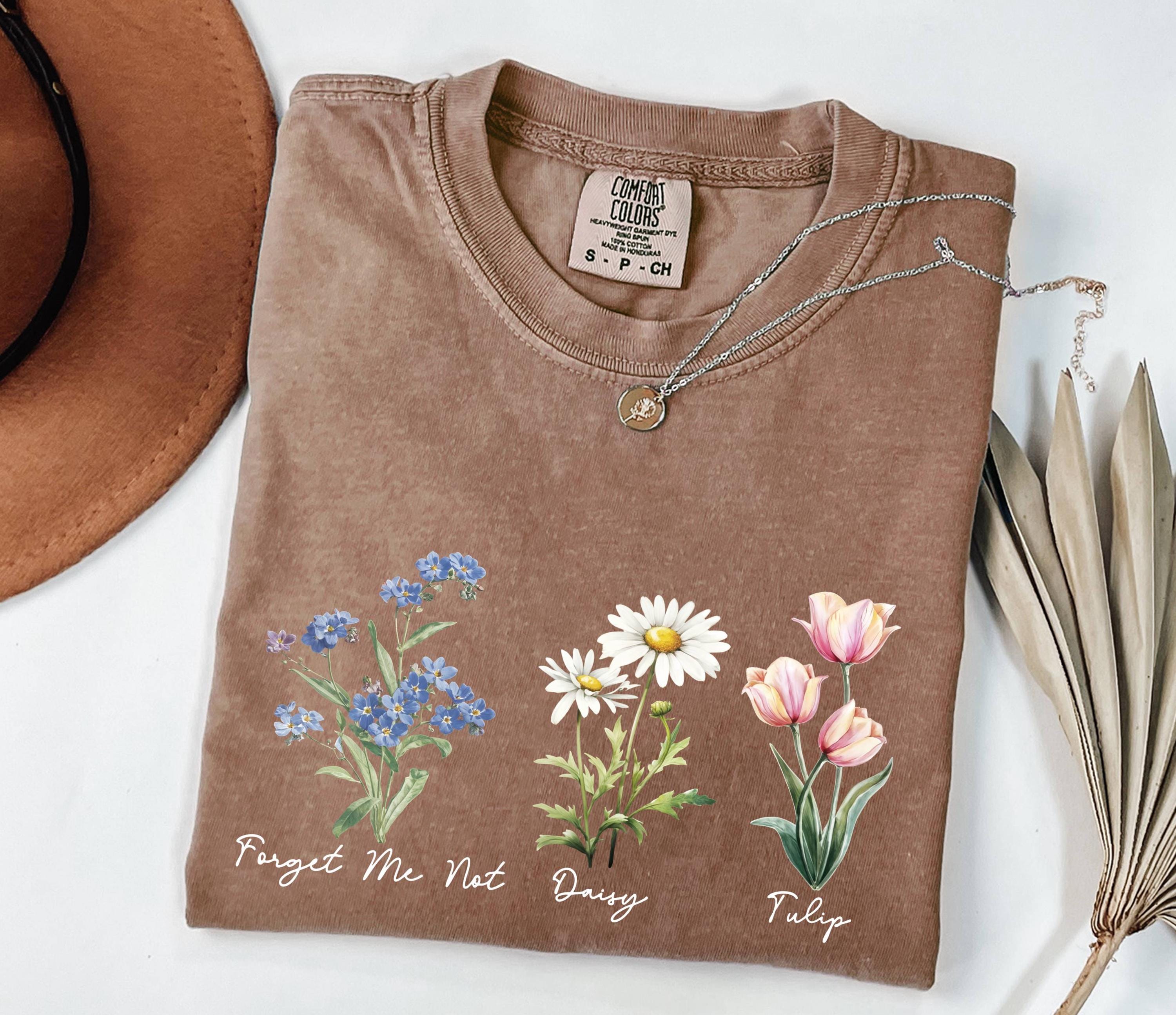 Floral Botanical Shirt With Names, Forget Me Not Daisy Tulip Tee