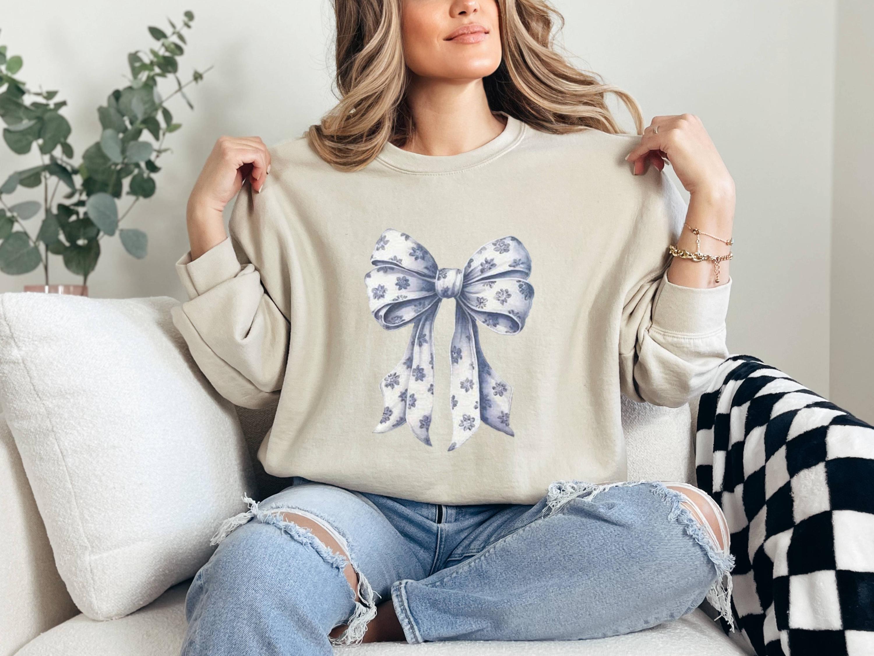 Blue Bow Sweatshirt: Floral Ribbon Graphic, Cozy Crewneck