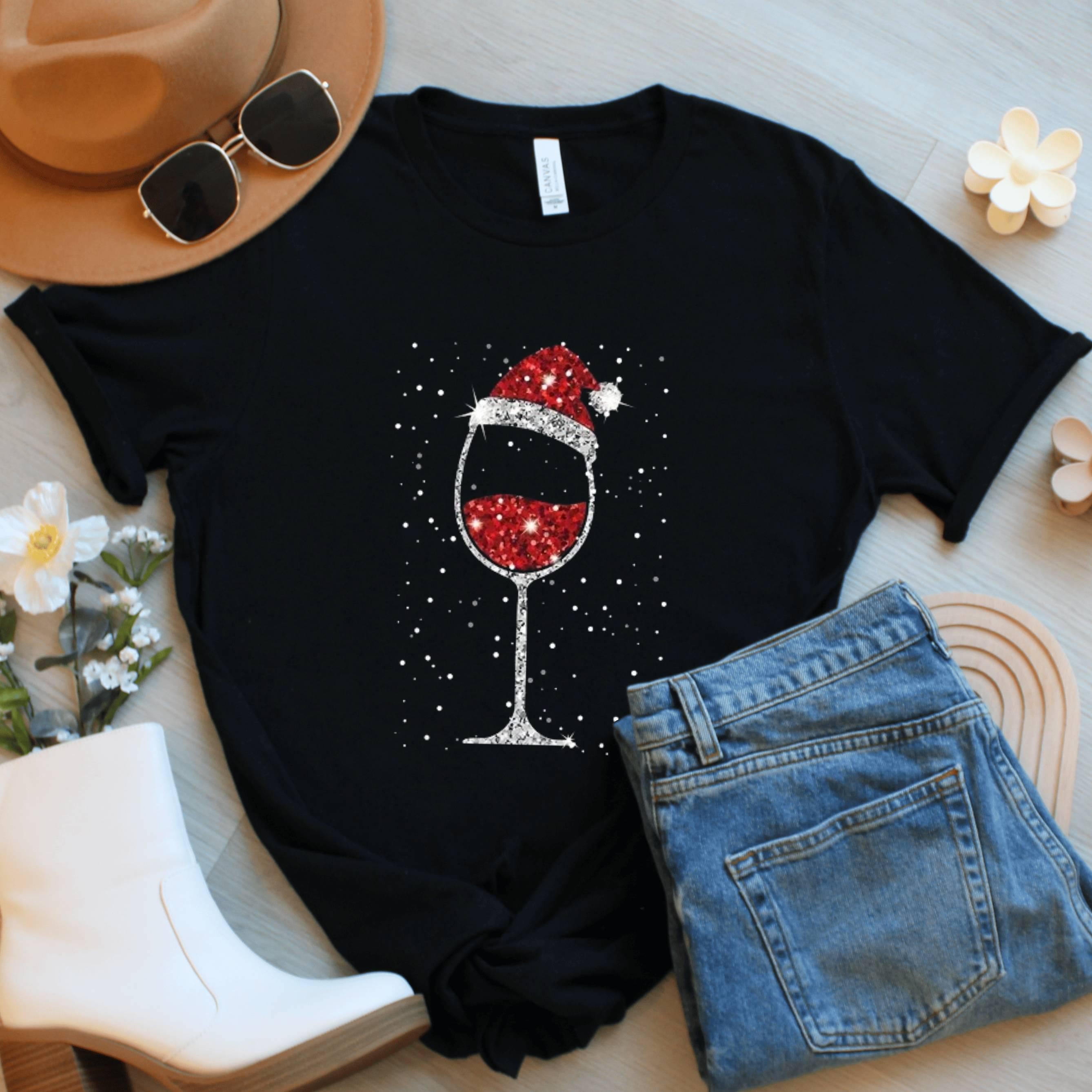 Holiday Wine Glass Shirt, Festive Graphic Tee, Christmas Xmas Gifts