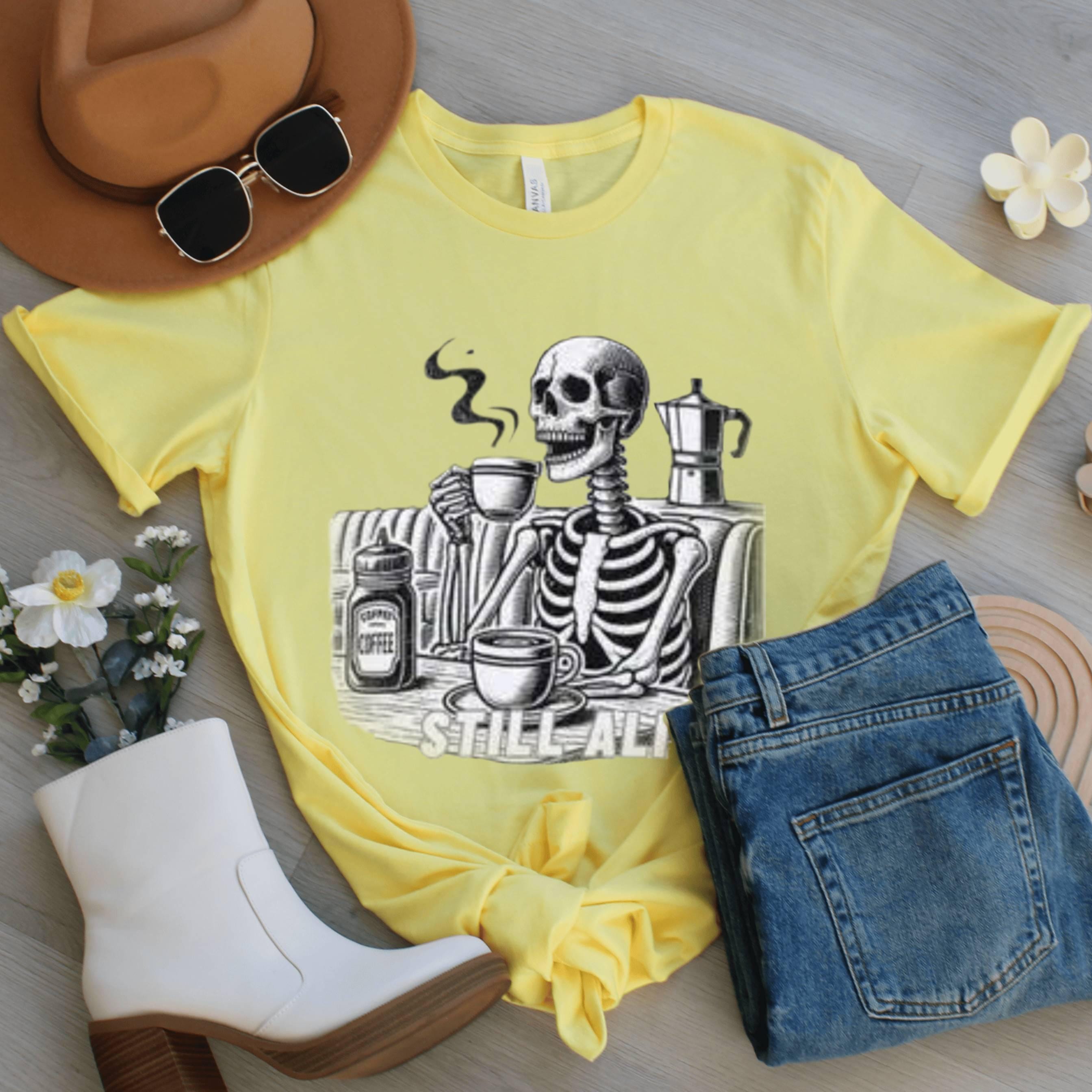 Still Alive Skeleton Coffee T-Shirt, Funny Halloween Tee