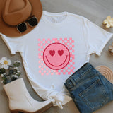 Retro Smiley Face T-Shirt: Red Checkerboard Heart Eyes, Y2K Graphic Top