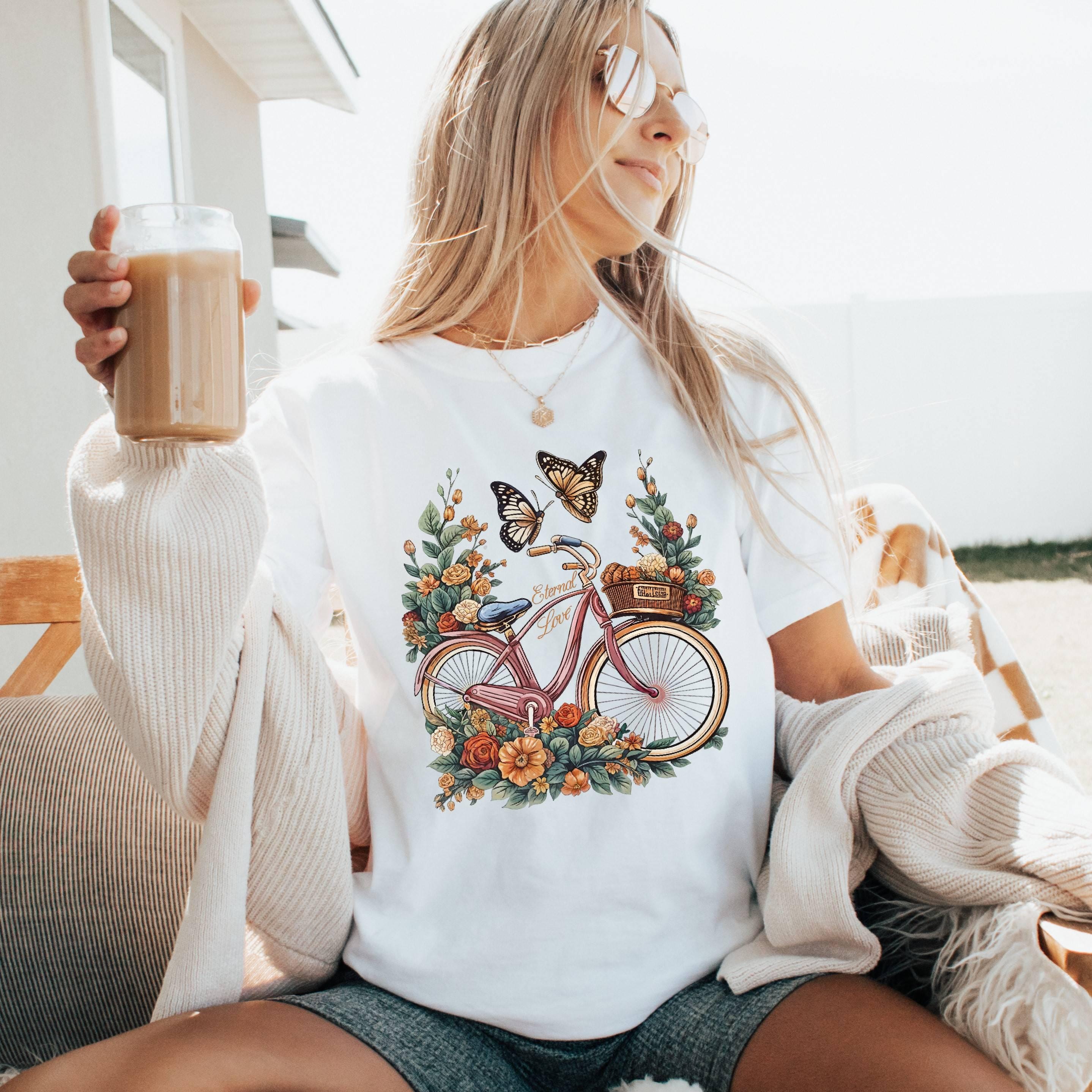 Vintage Bicycle Floral Shirt, Boho Graphic Tee, Butterfly Nature Shirt