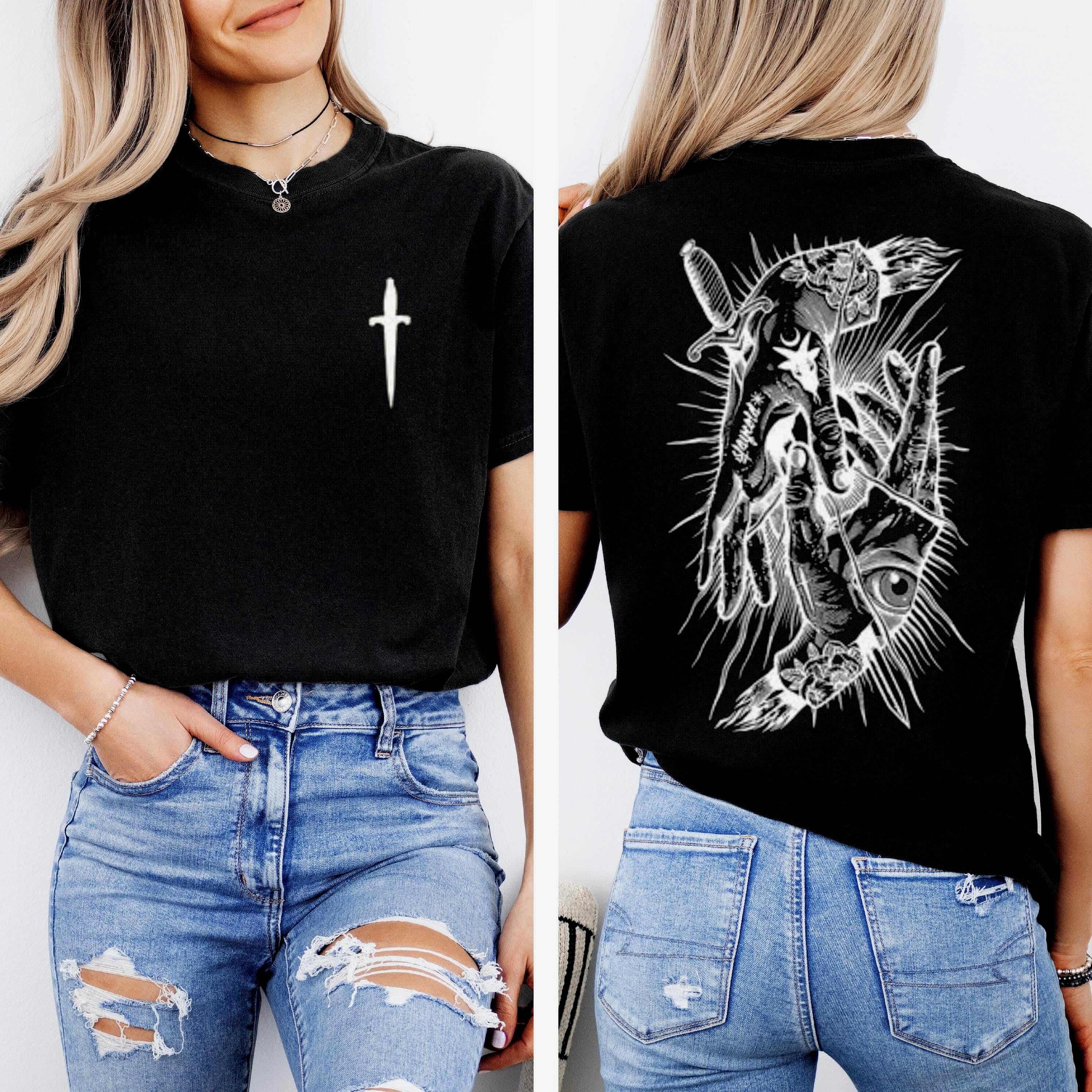 Tattoo Style Dagger Graphic Tee, Gothic Hand and Eye Shirt