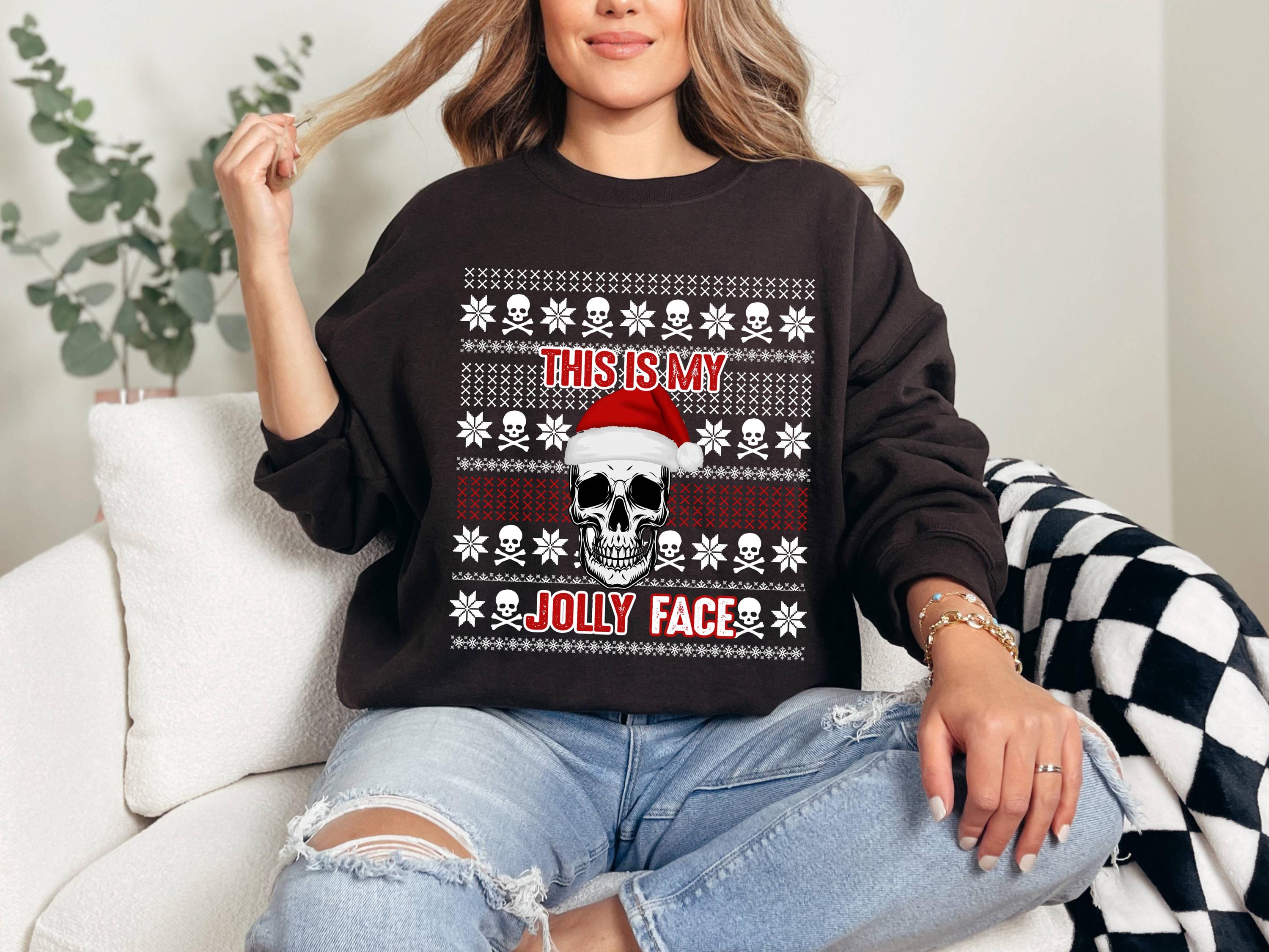 Funny Skull Christmas Sweatshirt, Jolly Face Holiday Sweater, Unisex Graphic Xmas Top