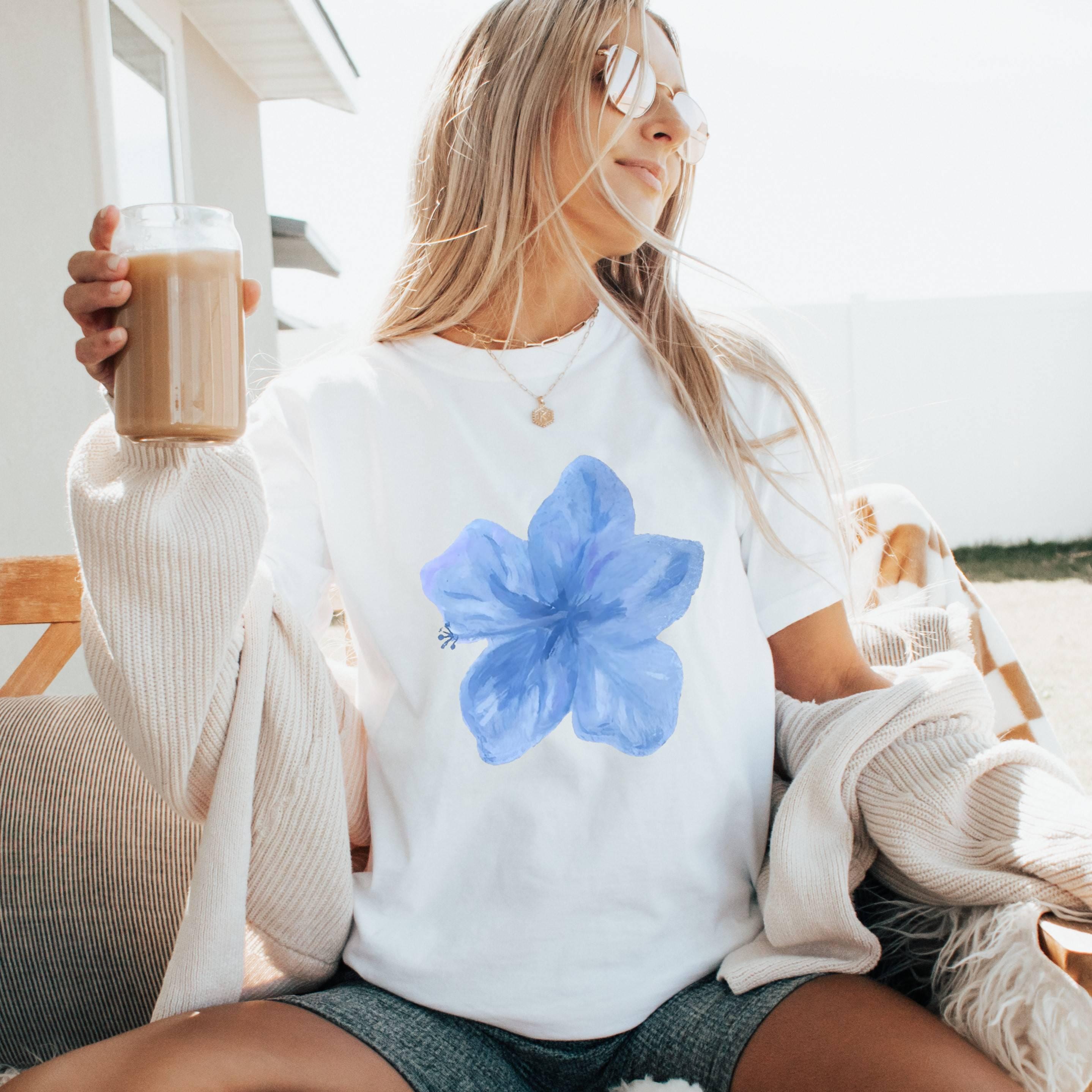 Blue Watercolor Flower T-Shirt, Minimal Floral Unisex Cotton Tee