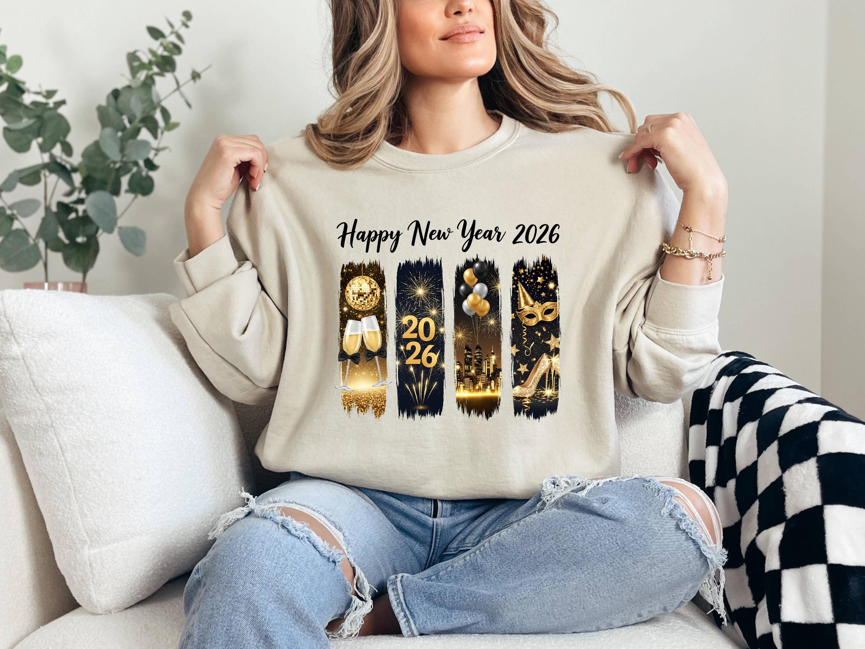 Happy New Year 2026 Sweatshirt, Holiday Outfit Top, Festive Graphic Crewneck