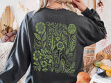 Botanical Wildflower Sweatshirt, Green Floral Back Print Unisex Crewneck