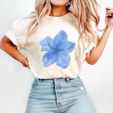 Blue Watercolor Flower T-Shirt, Minimal Floral Unisex Cotton Tee