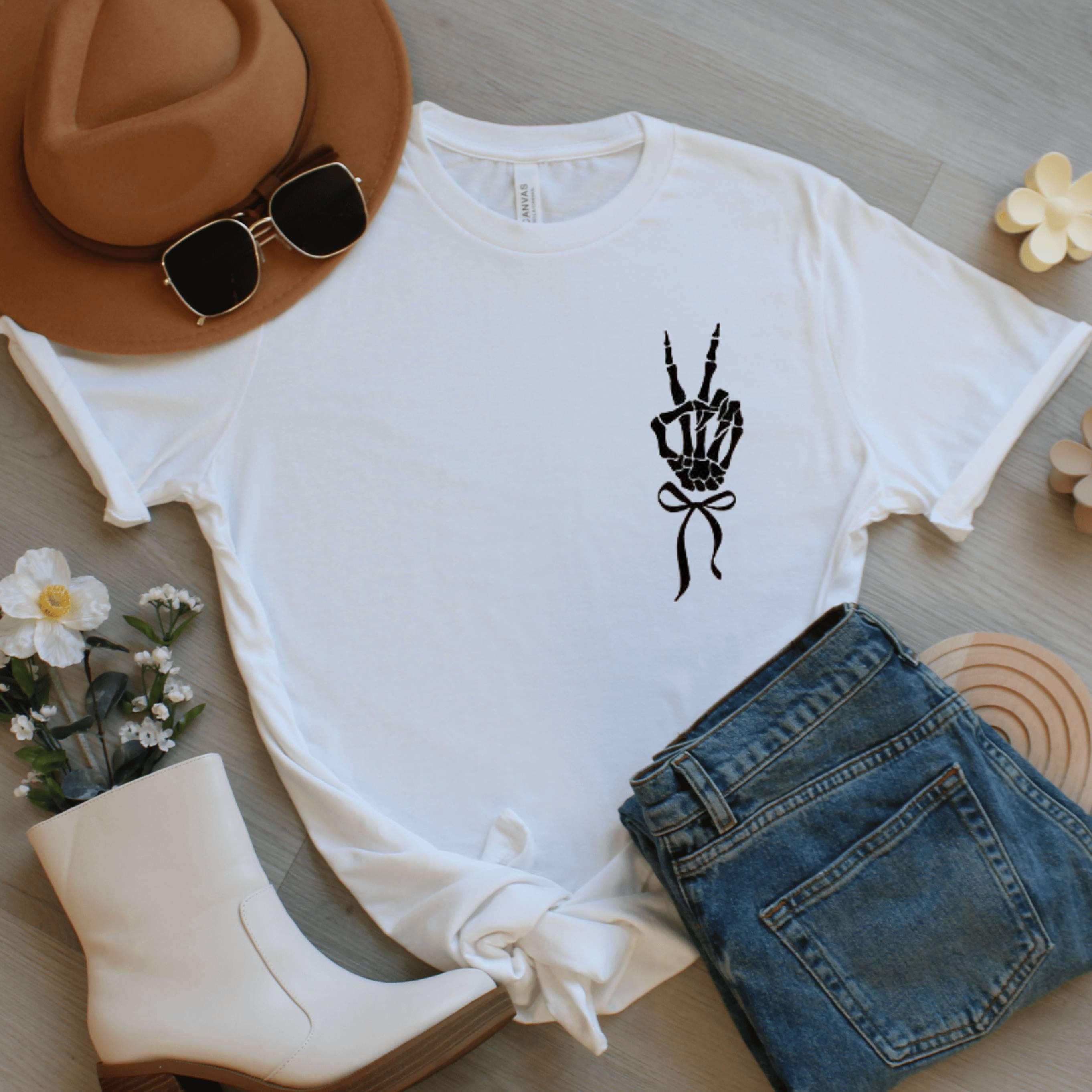 Skeleton Peace Sign Halloween T-Shirt, Spooky Season Tee