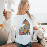 Floral Cat Shirt, Boho Style Flower Pattern Cat Tee