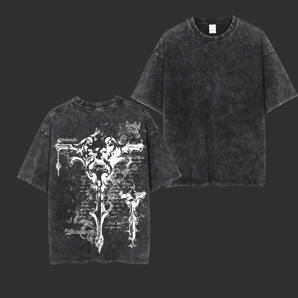 Blade Inscription Tee: Vintage Japanese Streetwear Wash T-Shirt