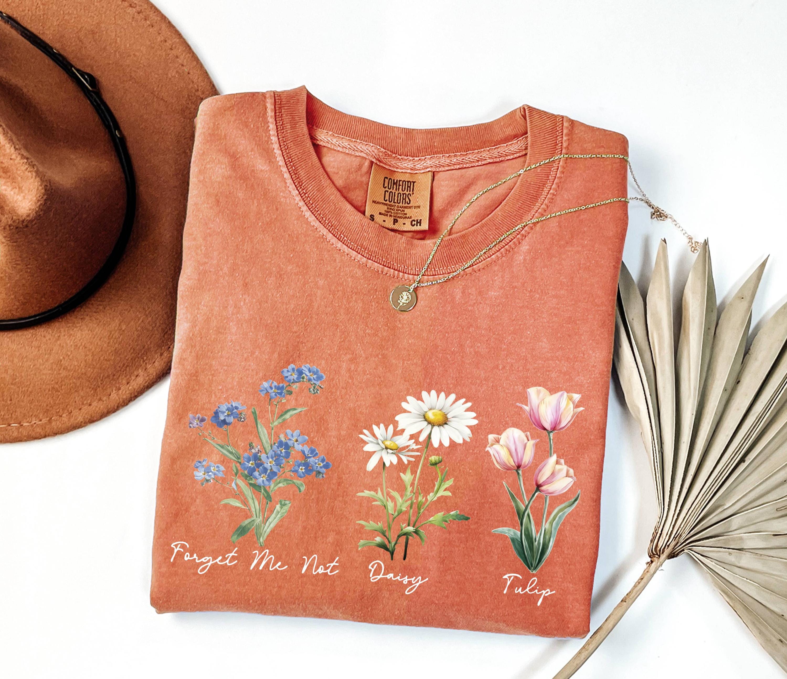 Floral Botanical Shirt With Names, Forget Me Not Daisy Tulip Tee
