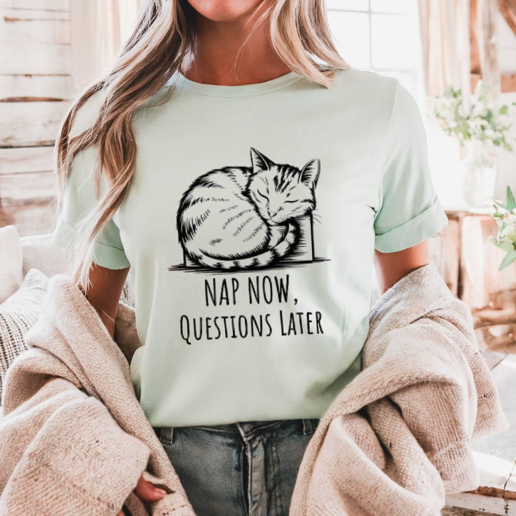 Funny Sleeping Cat Graphic Tee, Nap Now Questions Later Shirt