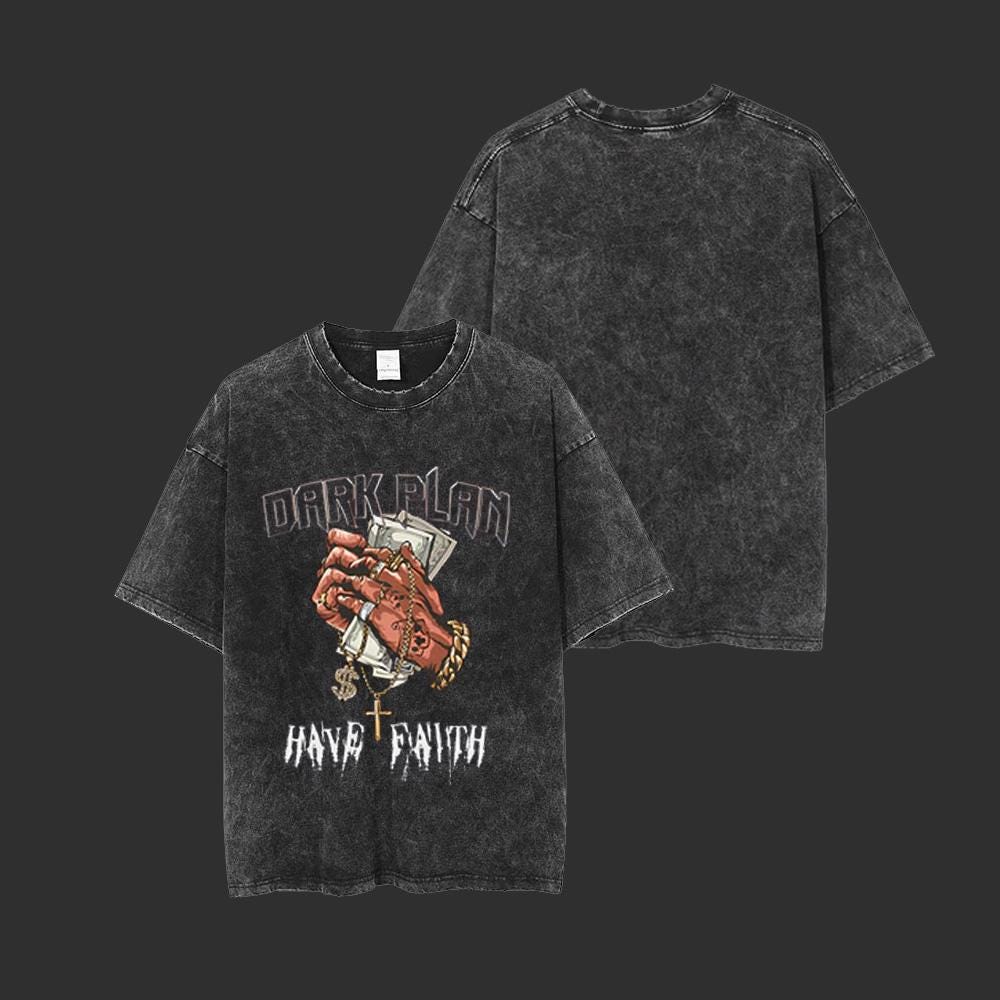 Retro Washed Cotton Graphic Tee: Dark Plan Have Faith Streetwear