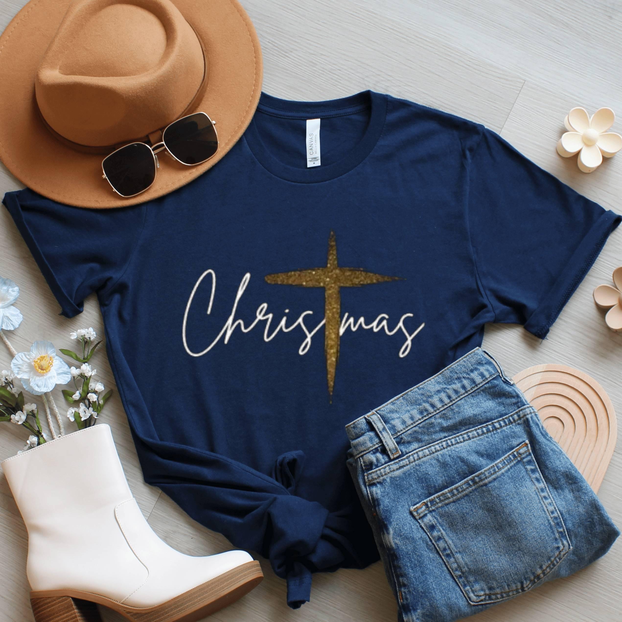 Christmas Cross Shirt, Graphic Holiday Tee, Unisex Christian Top