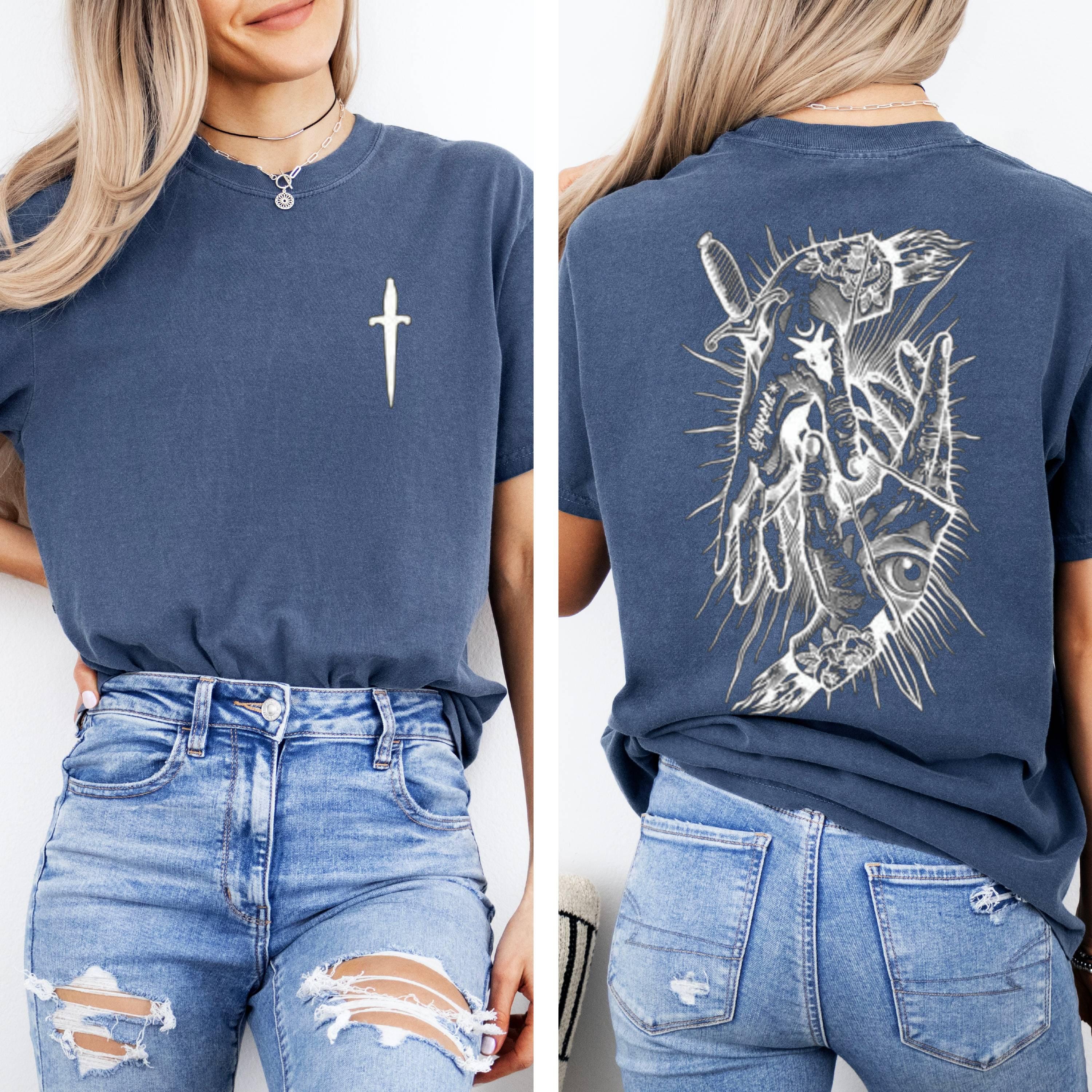 Tattoo Style Dagger Graphic Tee, Gothic Hand and Eye Shirt
