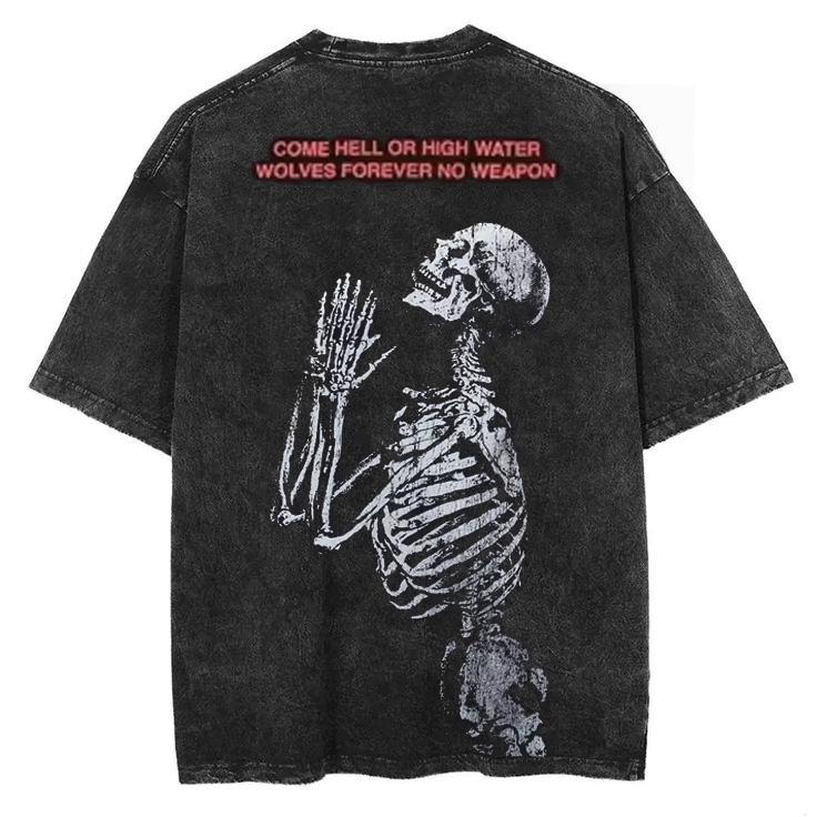 Vintage Wash Skeleton Tee: 'Wolves Forever' Graphic Streetwear