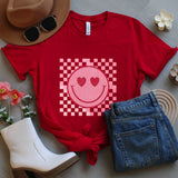 Retro Smiley Face T-Shirt: Red Checkerboard Heart Eyes, Y2K Graphic Top