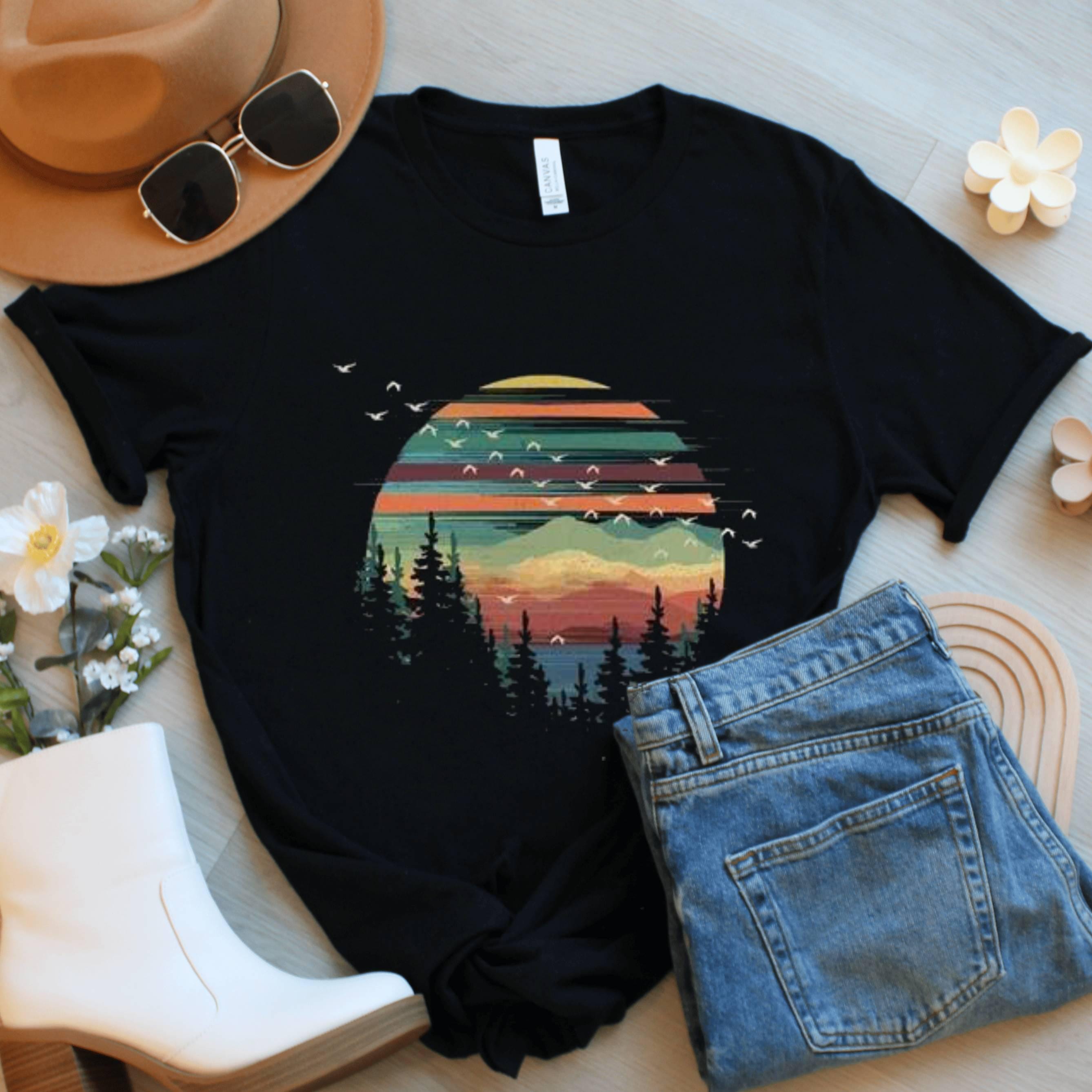 Vintage Sunset Mountain T-Shirt: Nature Hiking Outdoorsy Tee