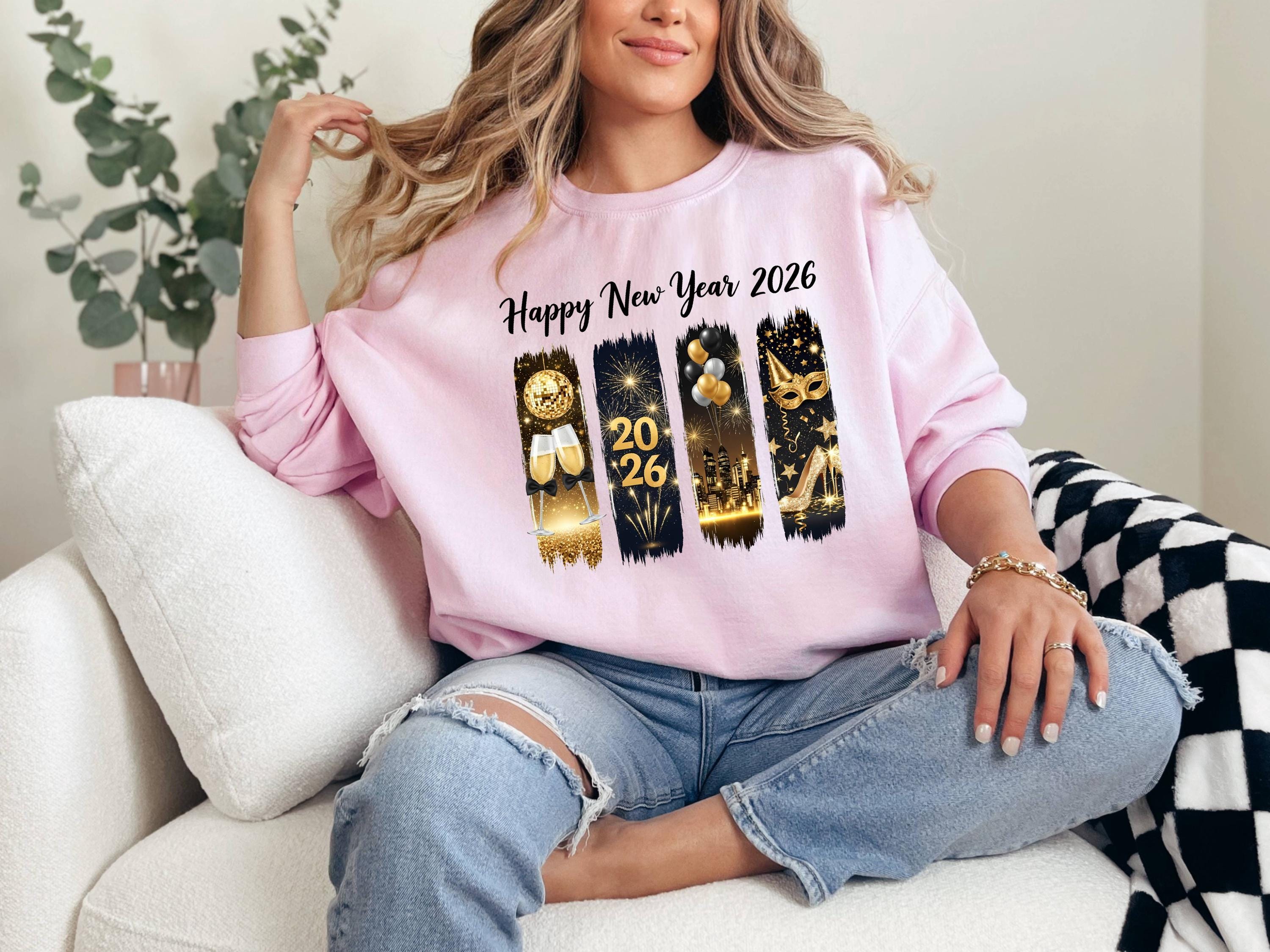 Happy New Year 2026 Sweatshirt, Holiday Outfit Top, Festive Graphic Crewneck