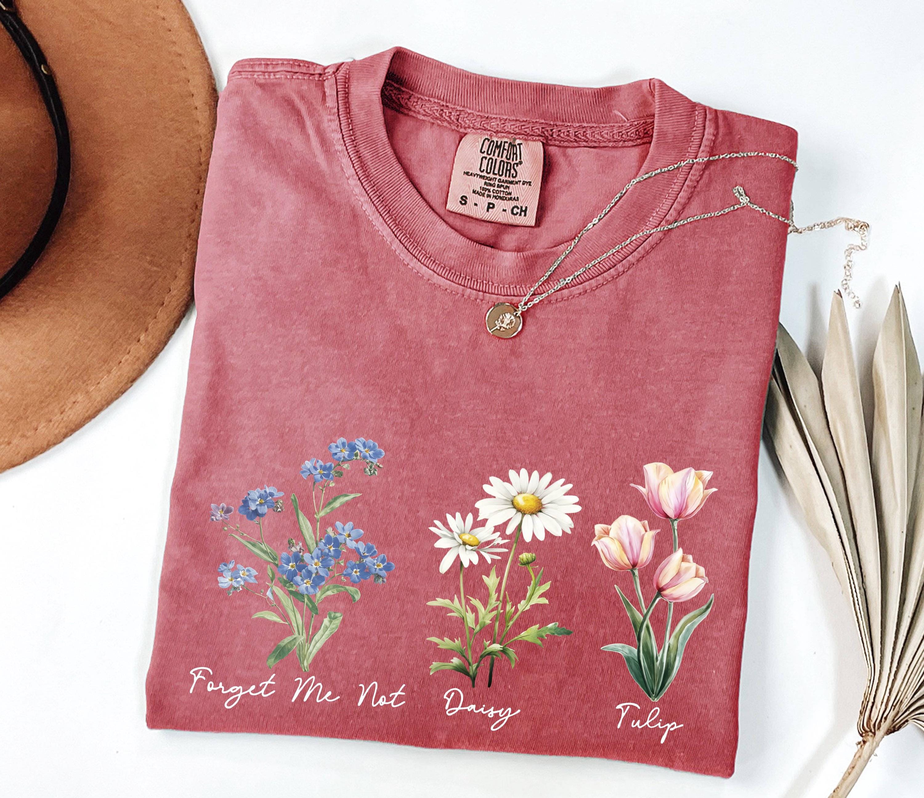 Floral Botanical Shirt With Names, Forget Me Not Daisy Tulip Tee
