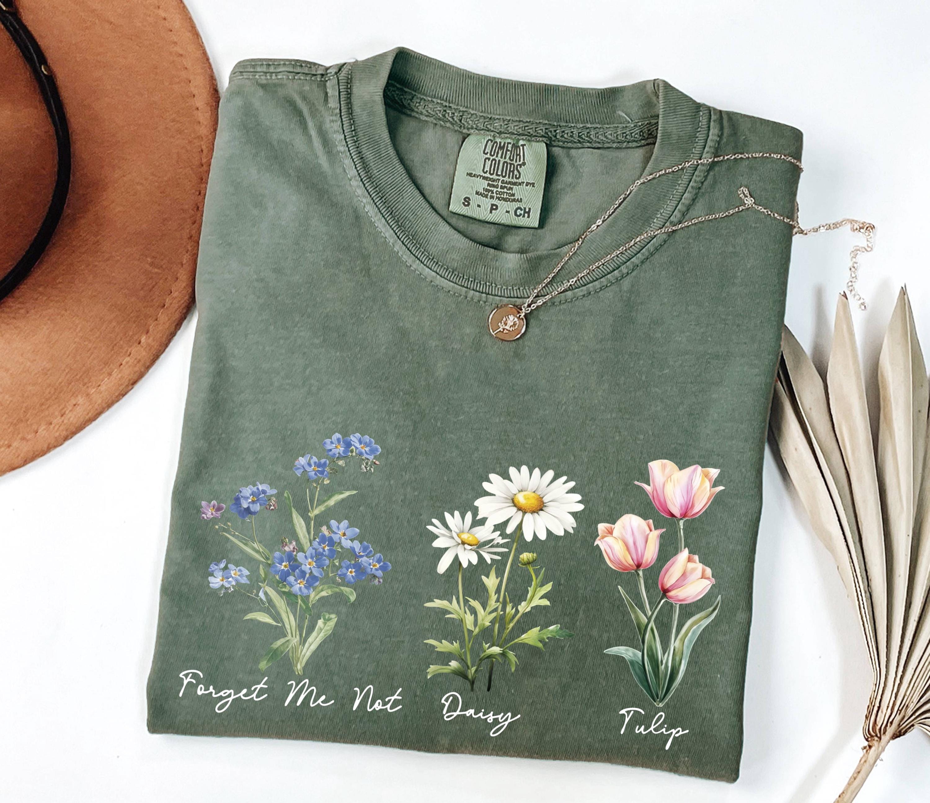 Floral Botanical Shirt With Names, Forget Me Not Daisy Tulip Tee