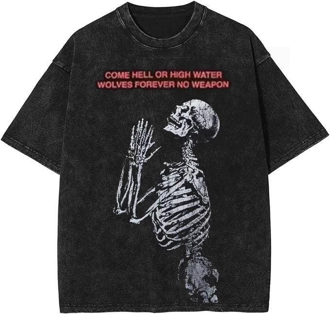 Vintage Wash Skeleton Tee: 'Wolves Forever' Graphic Streetwear