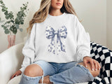Blue Bow Sweatshirt: Floral Ribbon Graphic, Cozy Crewneck