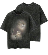 Funny Cat Wine Graphic Tee: Vintage Washed Oversized Cotton T-Shirt