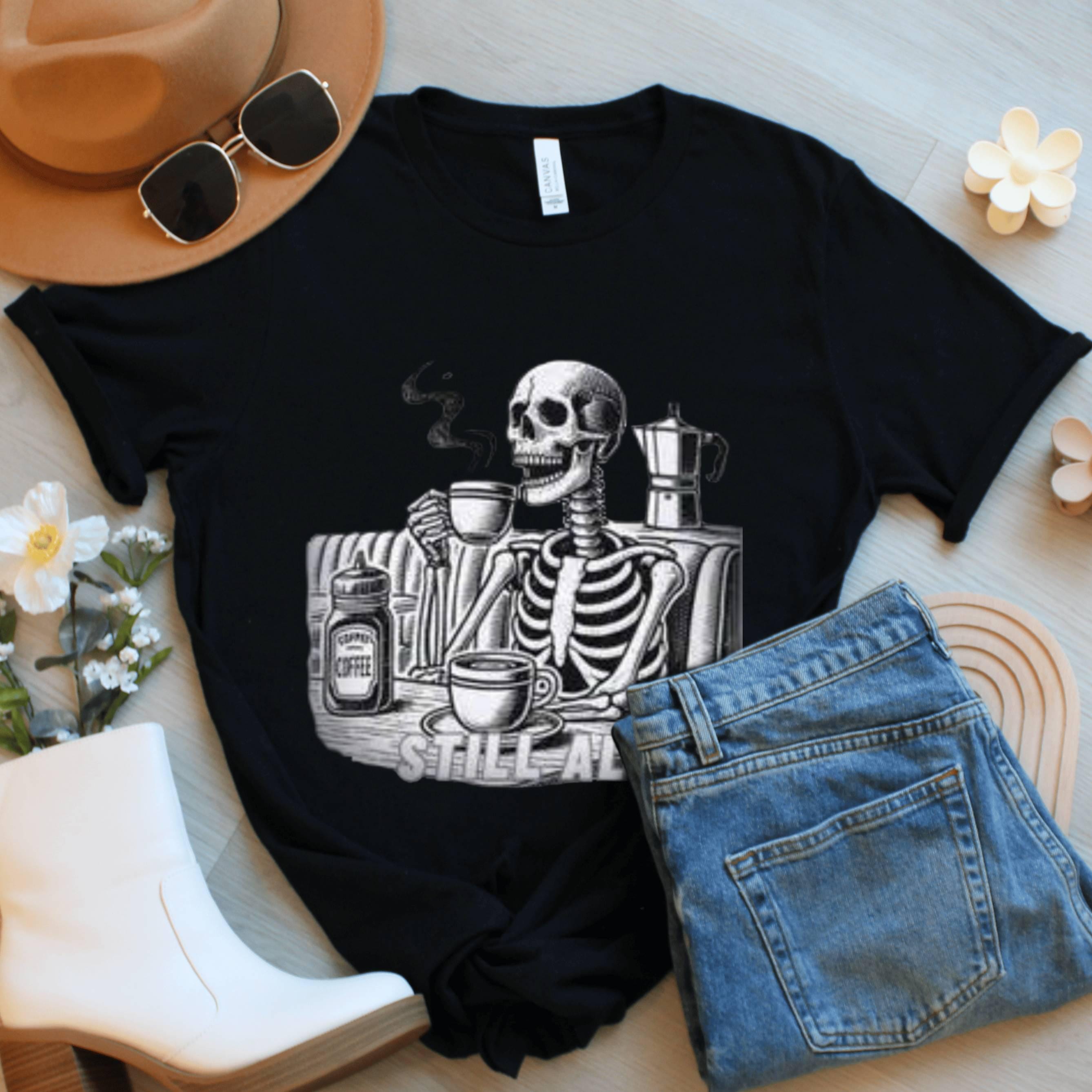 Still Alive Skeleton Coffee T-Shirt, Funny Halloween Tee