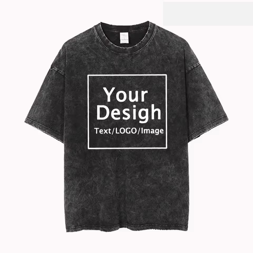 Custom Print Mineral Wash Tee, Retro Streetwear Style