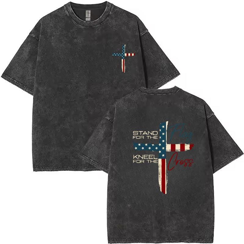 Vintage Christian Cross Graphic Tee, Patriotic Faith Shirt